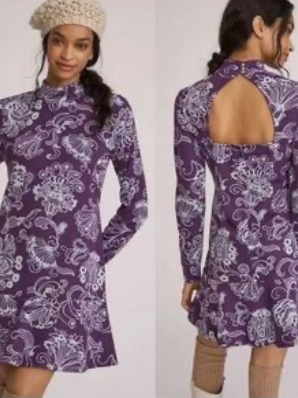 NWOT Anthropologie Mock Neck Mini Dress Purple Color Long Sleeves Women’s L